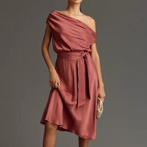 Maeve Asymmetric Tie-Waist Satin Midi Dress - Size L - Pink/Rose